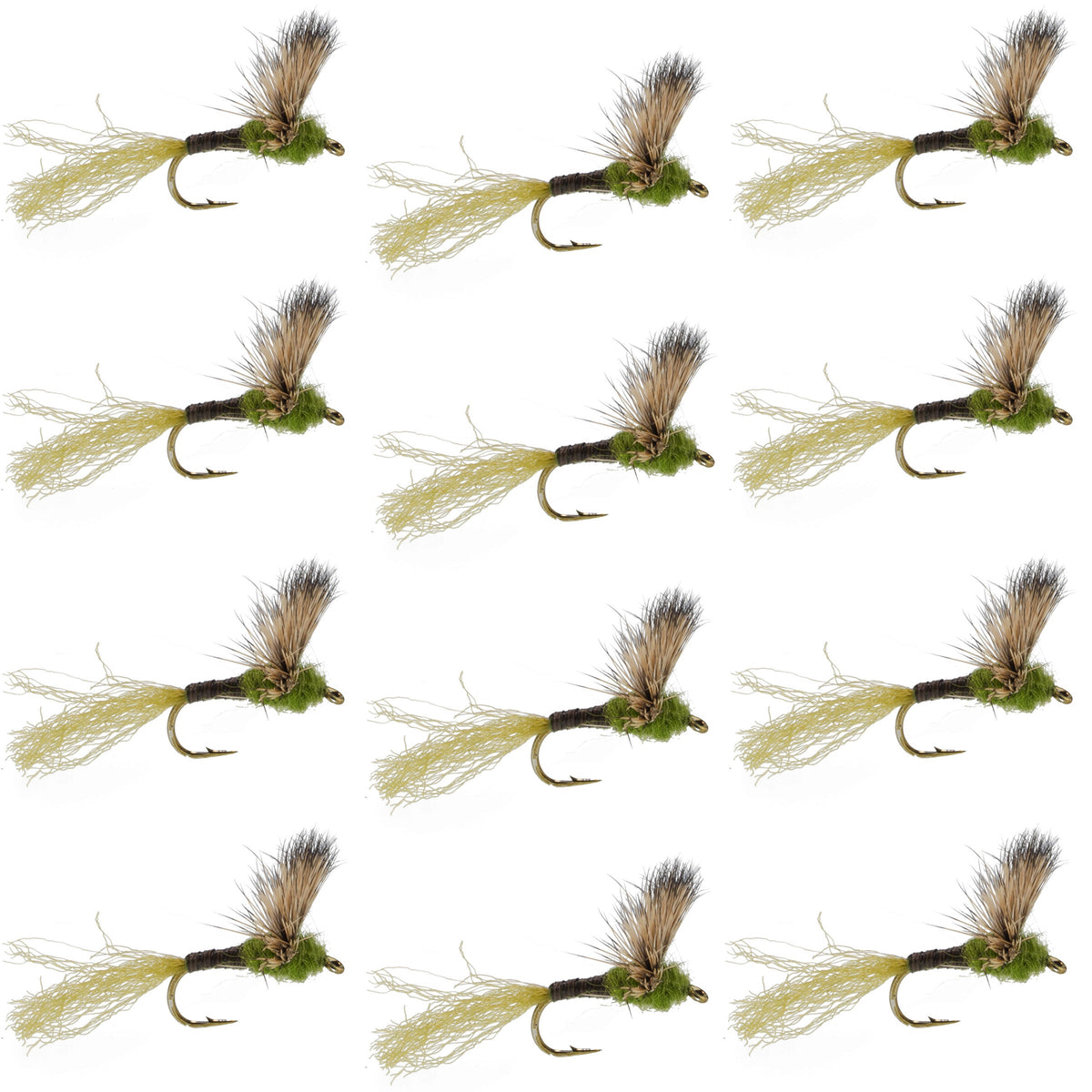 Set of 12 Sparkle Dun Baetis Mayfly trout dry flies on hooks, size 18, designed for fly fishing.
