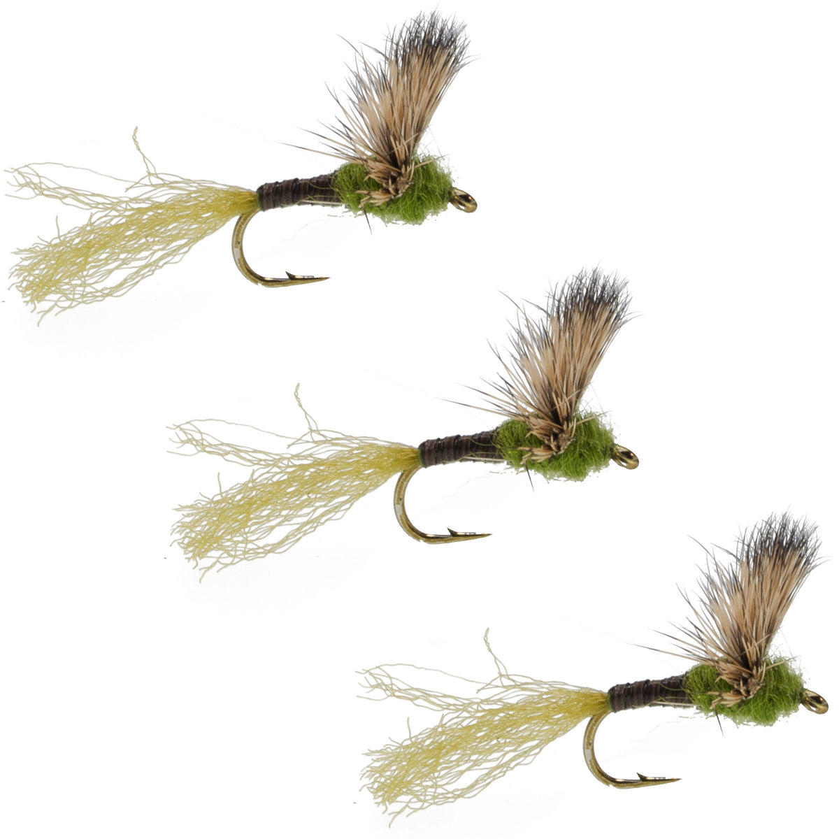 Set of three Sparkle Dun Baetis dry flies for trout fishing, hook size 18, by The Fly Fishing Place, realistic and detailed.