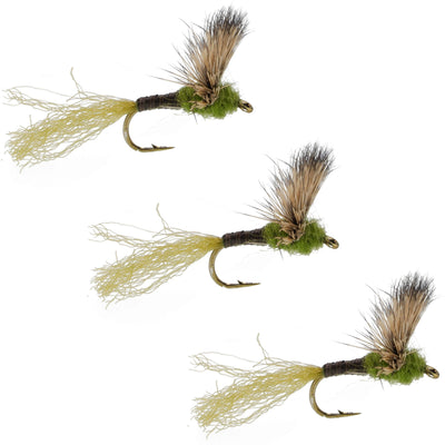 Set of three Sparkle Dun Baetis dry flies for trout fishing, hook size 18, by The Fly Fishing Place, realistic and detailed.