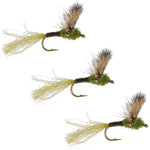 Set of three Sparkle Dun Baetis dry flies for trout fishing, hook size 20, by The Fly Fishing Place.