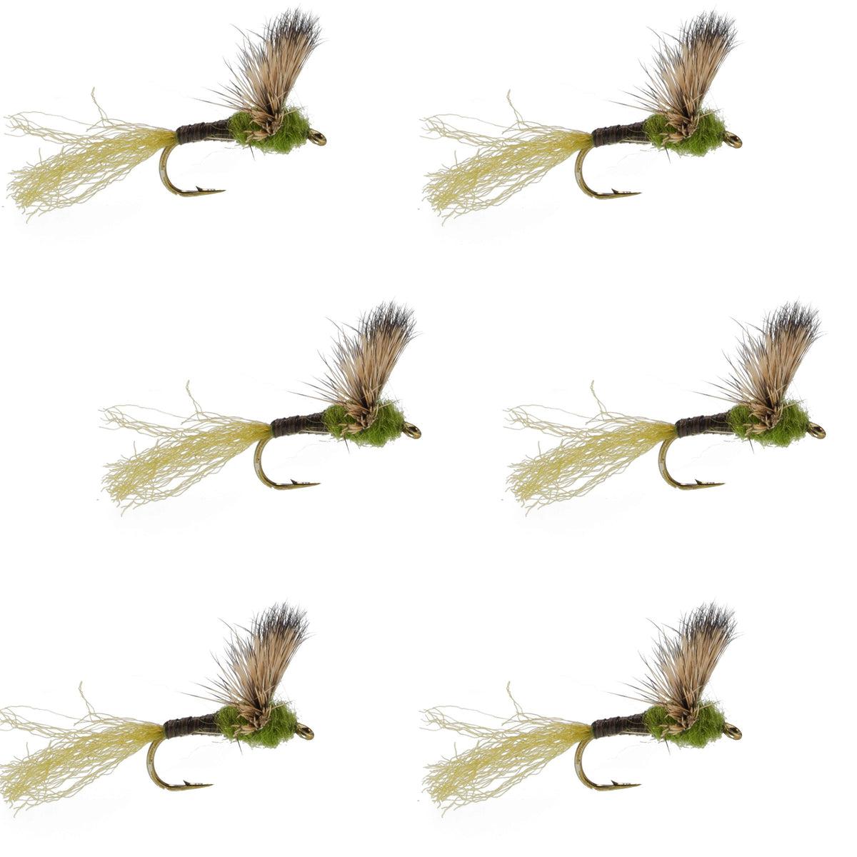 Set of six Sparkle Dun Baetis dry fly fishing lures for trout, size 14, by The Fly Fishing Place, with realistic fly details.
