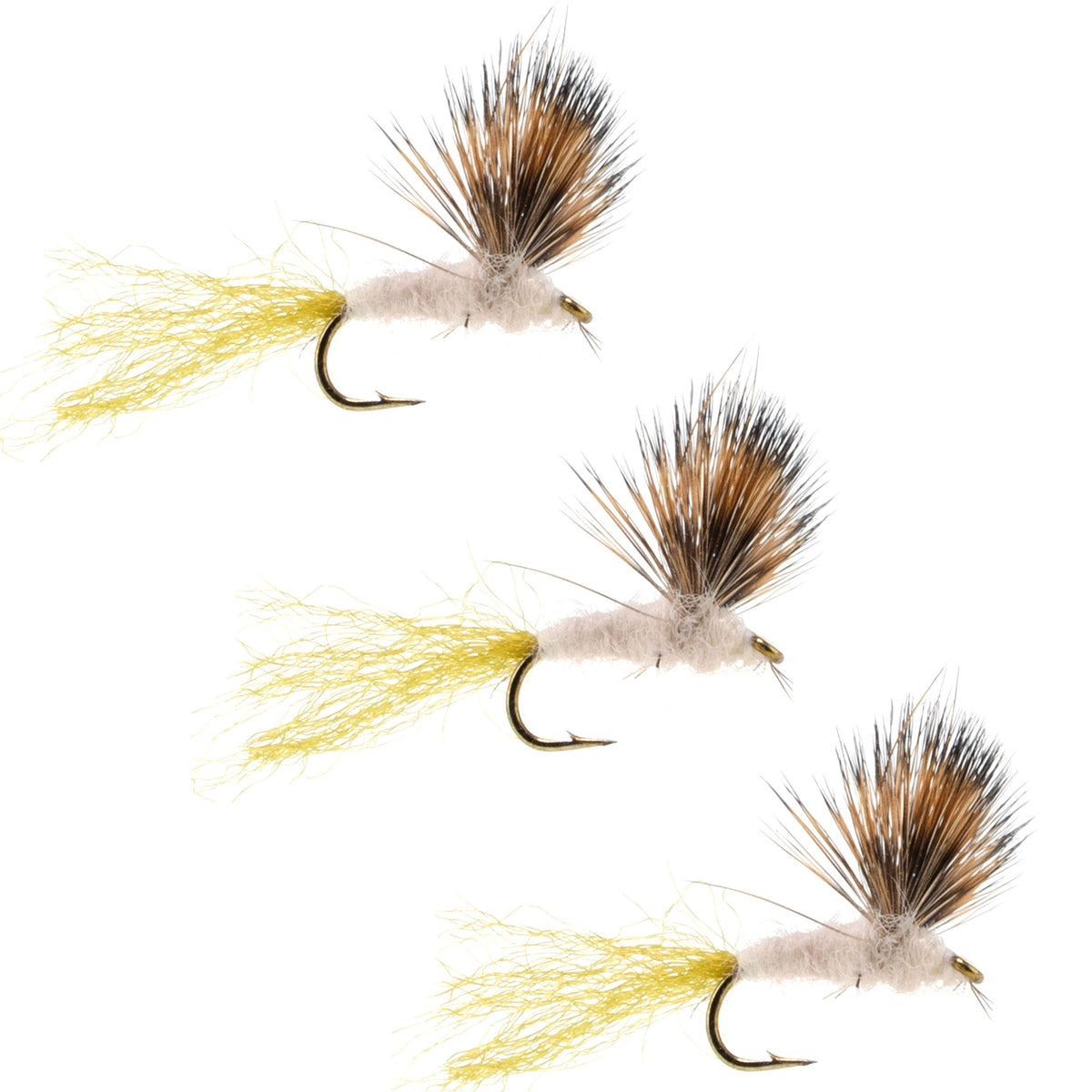 Set of three Sparkle Dun Pale Morning Dun PMD Mayfly dry fishing flies with size 18 hooks for trout fishing.