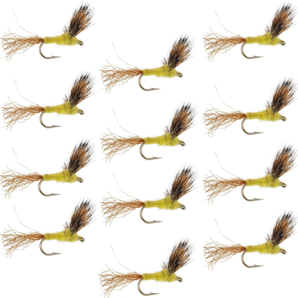 Set of 12 Sparkle Dun Pale Morning Dun PMD yellow trout dry flies with size 16 hooks for fly fishing.