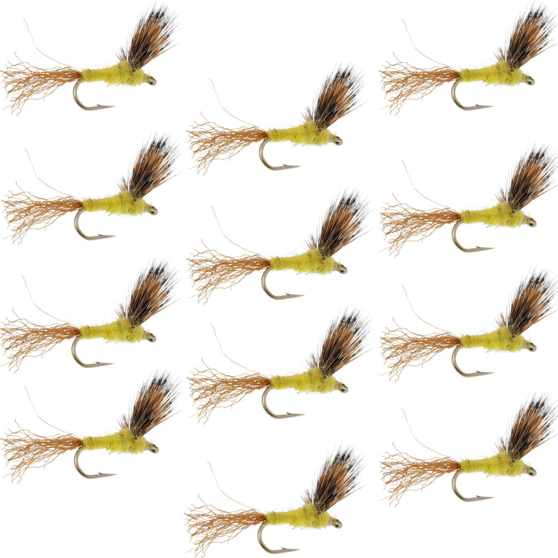 Set of 12 Sparkle Dun Pale Morning Dun PMD yellow dry fly fishing flies on hooks size 18 for trout fishing.