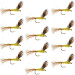 Set of 12 Sparkle Dun Pale Morning Dun PMD yellow dry fly fishing flies with size 14 hooks for trout fishing.