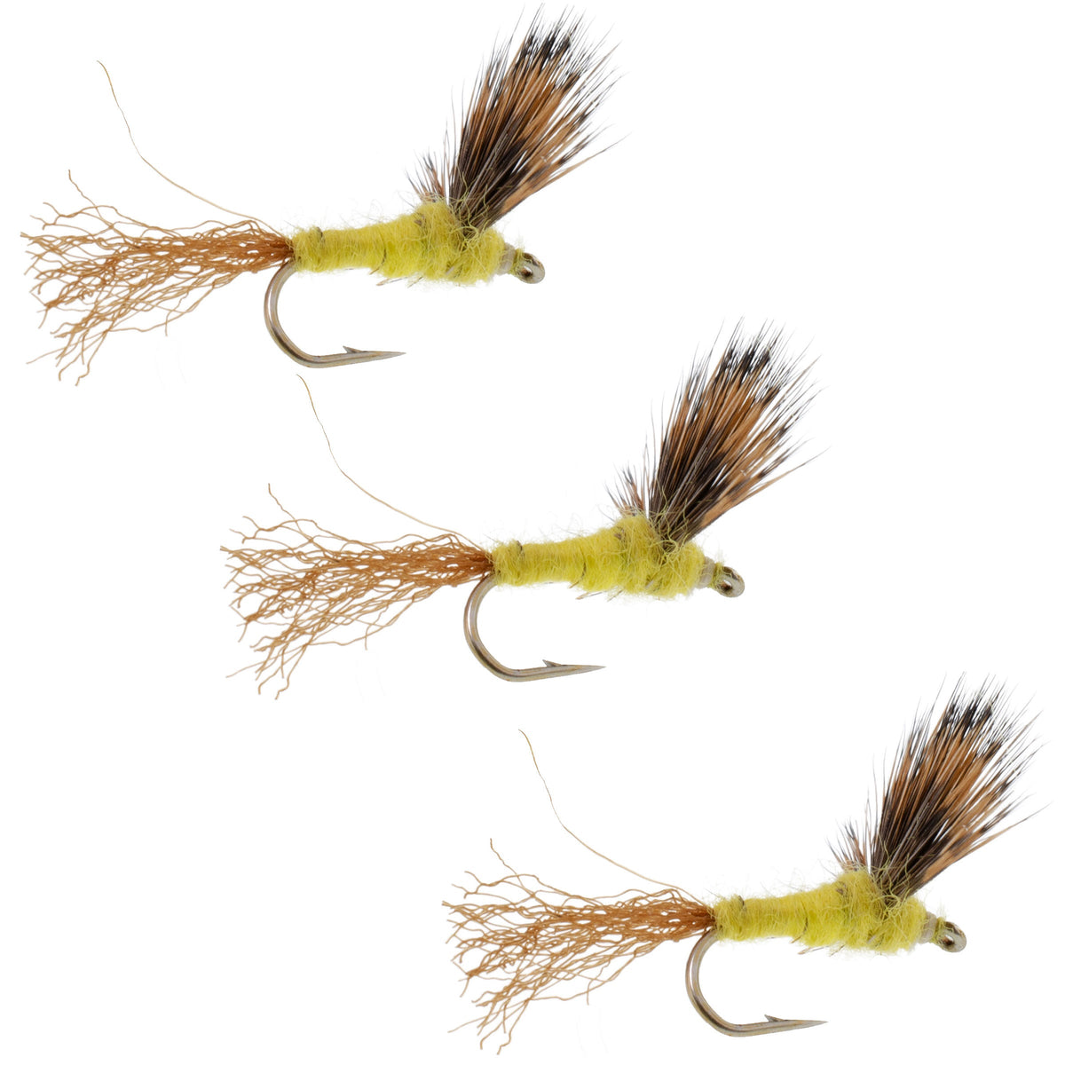 Set of three Pale Morning Dun PMD yellow trout dry flies with sparkle dun finish and size 16 hooks for fly fishing.