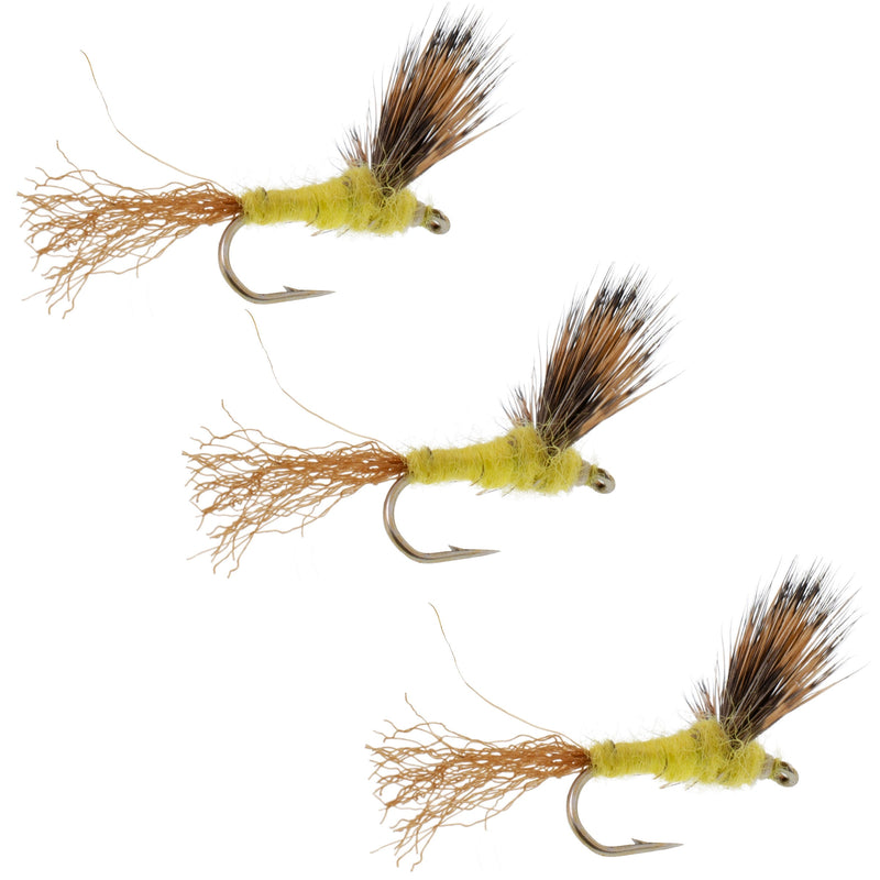 Set of 3 Sparkle Dun Pale Morning Dun PMD yellow trout dry flies with Mayfly hooks, size 14, for fly fishing.