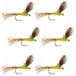 Set of six Sparkle Dun Pale Morning Dun PMD yellow trout dry flies with size 14 hooks, ideal for fly fishing.
