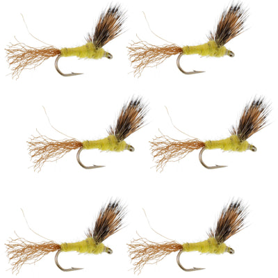 Set of six Sparkle Dun Pale Morning Dun PMD yellow trout dry flies with size 14 hooks, ideal for fly fishing.