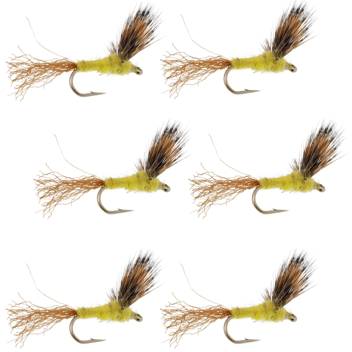 Set of six Sparkle Dun Pale Morning Dun PMD yellow dry flies for trout fishing, with size 16 hooks, by The Fly Fishing Place.
