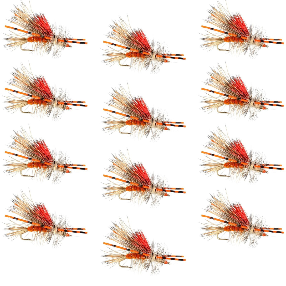 Set of 12 Kaufmann's orange crystal stimulator dry flies for trout fishing, size 10 with rubber legs and realistic fly design