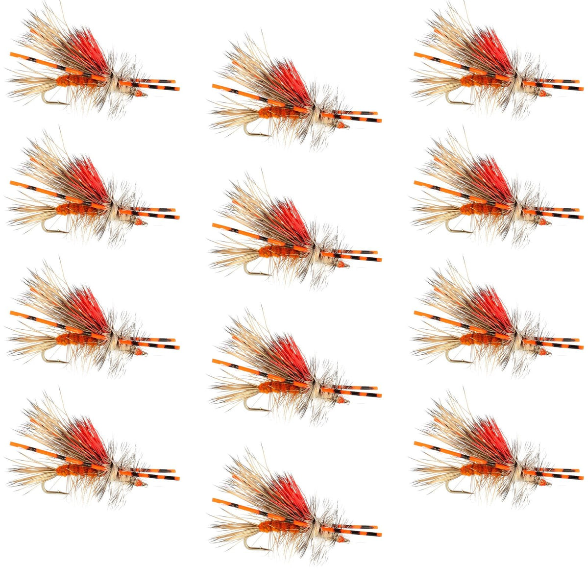 Set of 12 Kaufmann's orange crystal stimulator dry flies for trout fishing, size 14, with rubber legs, by The Fly Fishing Pla