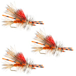 Three Kaufmann's orange crystal trout dry flies with rubber legs, size 16, designed for fly fishing.