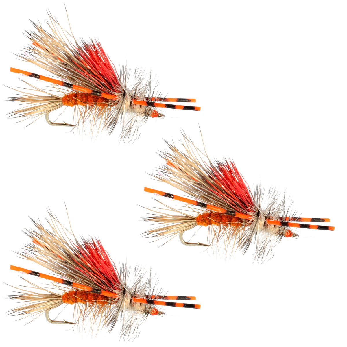 Three Kaufmann's Orange Crystal Stimulator dry fly fishing lures with rubber legs, hook size 12, for trout fishing.