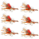Set of six Kaufmann's orange crystal stimulator dry flies for trout fishing, hook size 10, with rubber legs.