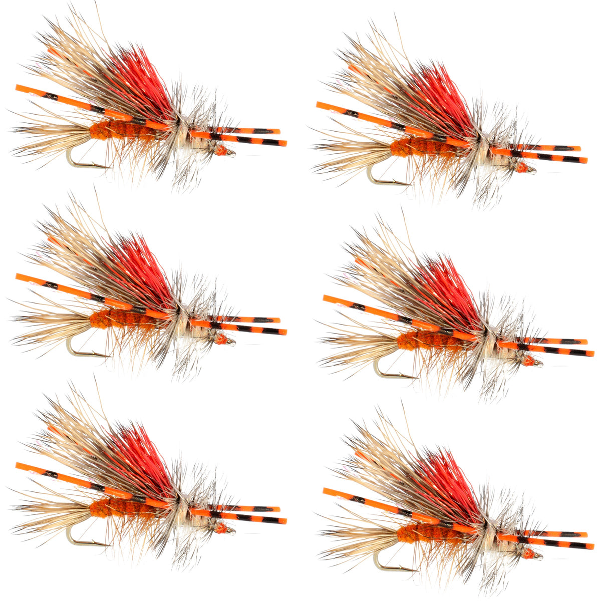 Set of six Kaufmann's orange crystal stimulator dry flies for trout fishing, hook size 10, with rubber legs.