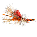 Kaufmann's Orange Crystal Stimulator Rubber Legs Dry Fly for trout fishing, size 10, with bright orange body and rubber legs, 1 dozen.