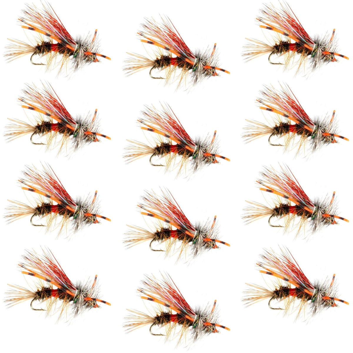 Set of 12 Kaufmann's Royal Crystal Stimulator dry flies with rubber legs, size 8, designed for trout fishing.