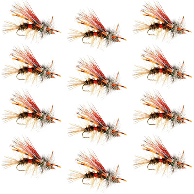 Set of 12 Kaufmann's Royal Crystal Stimulator dry flies with rubber legs, size 8, designed for trout fishing.