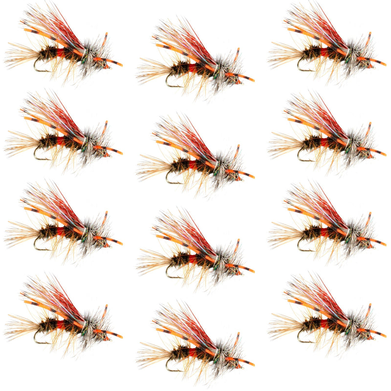 Set of 12 Kaufmann's Royal Crystal Stimulator dry flies with rubber legs, size 8, designed for trout fishing.