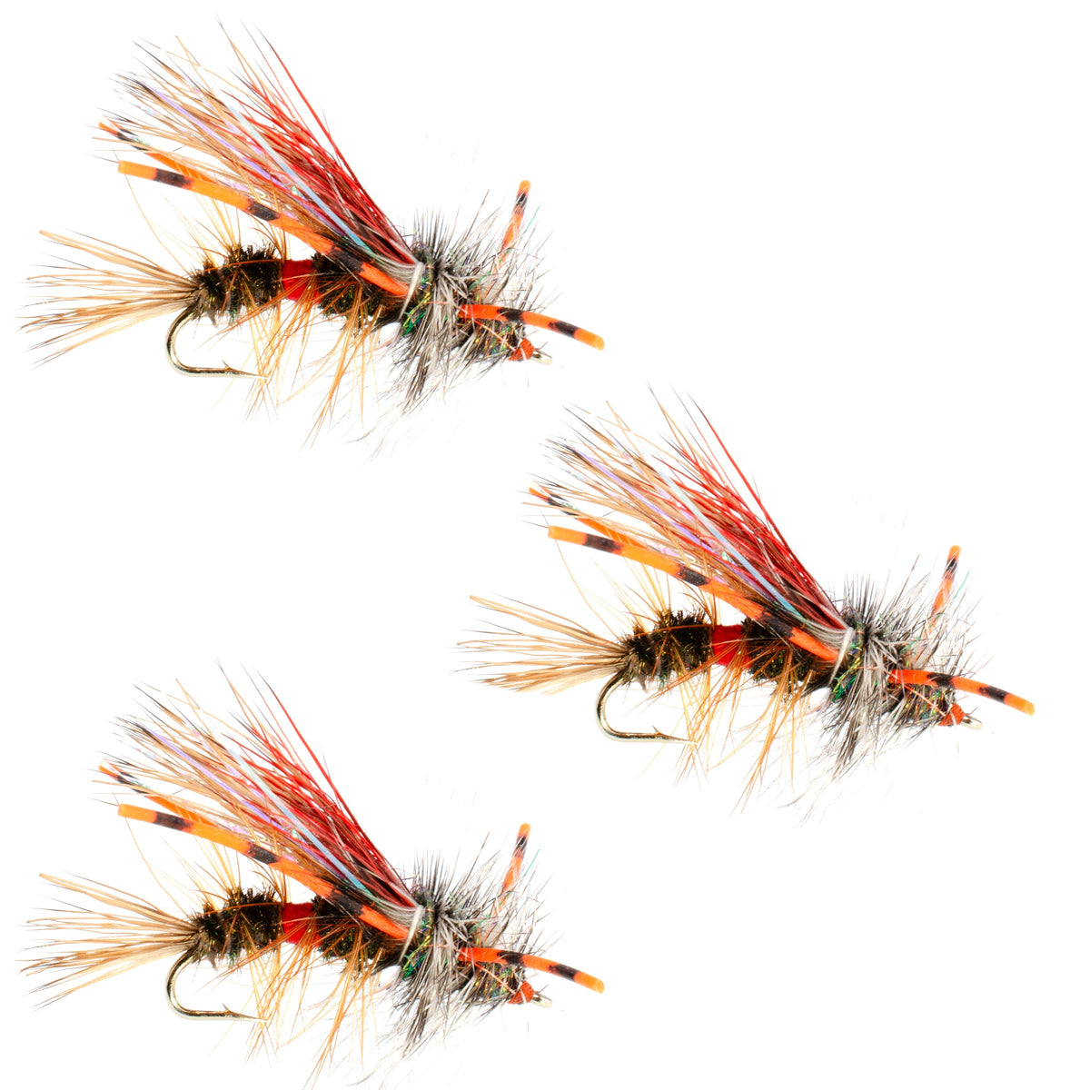 Three Kaufmann's Royal Crystal Stimulator dry flies with rubber legs, size 12, for trout fishing, in vibrant red color.