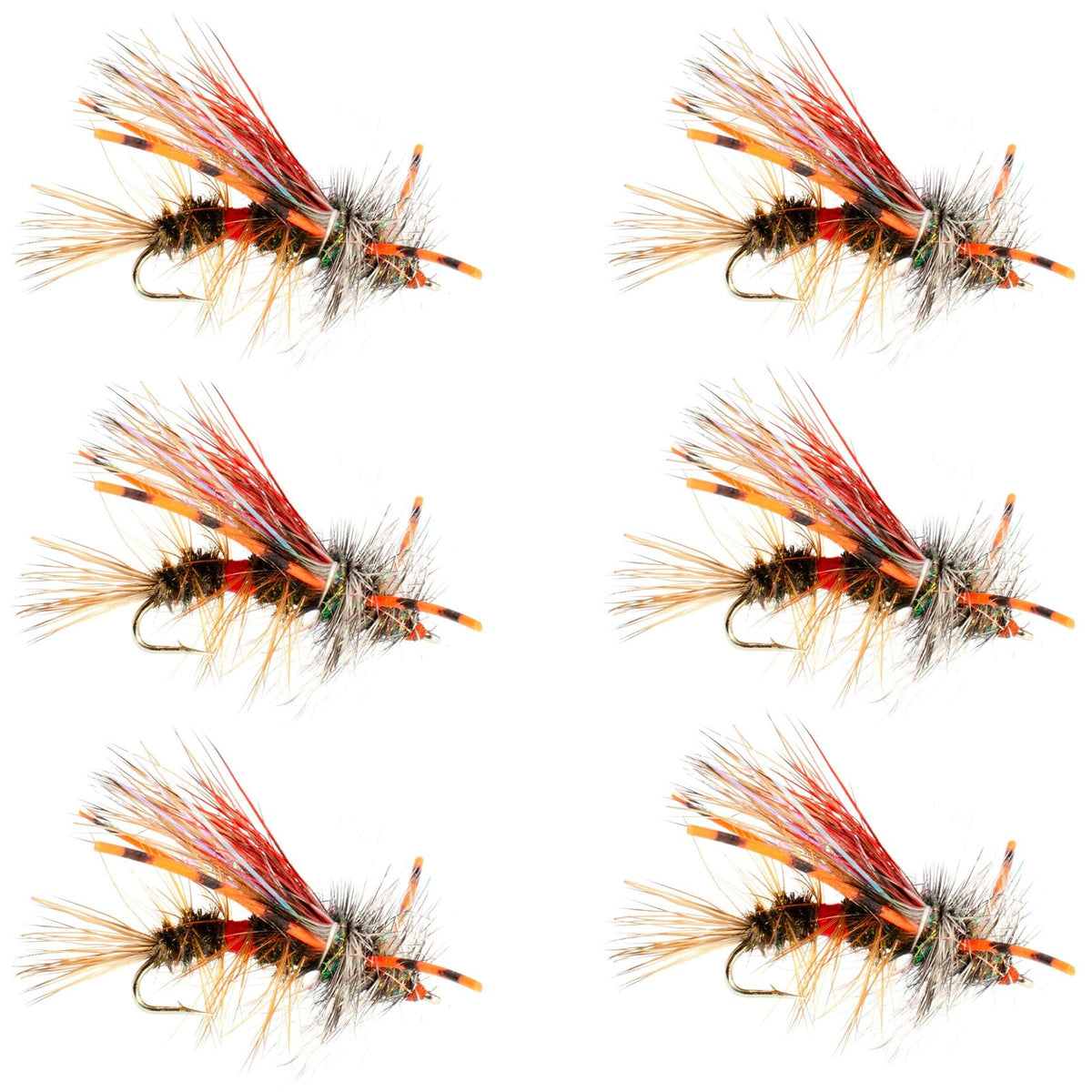 Set of six Kaufmann's Royal Crystal Stimulator dry flies for trout fishing, size 16, with red rubber legs and realistic fly d