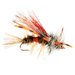Three Kaufmann's Royal Crystal Stimulator dry flies with rubber legs in size 12, designed for trout fishing, featuring vibrant red color.