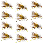 Set of 12 Kaufmann's Yellow Crystal Stimulator dry flies for trout fishing, size 10, with rubber legs and realistic fly pattern.