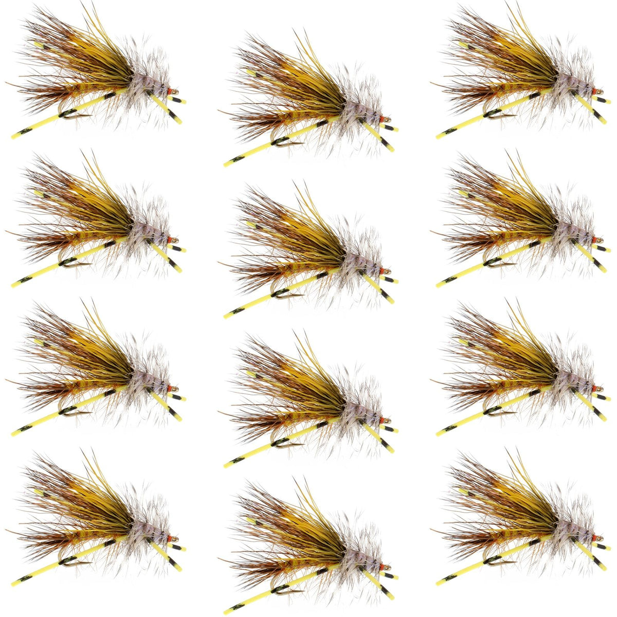 Set of 12 Kaufmann's Yellow Crystal Stimulator dry flies for trout fishing, size 10, with rubber legs and realistic fly patte