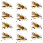 Set of 12 Kaufmann's Yellow Crystal Stimulator dry flies with rubber legs for trout fishing, hook size 8.