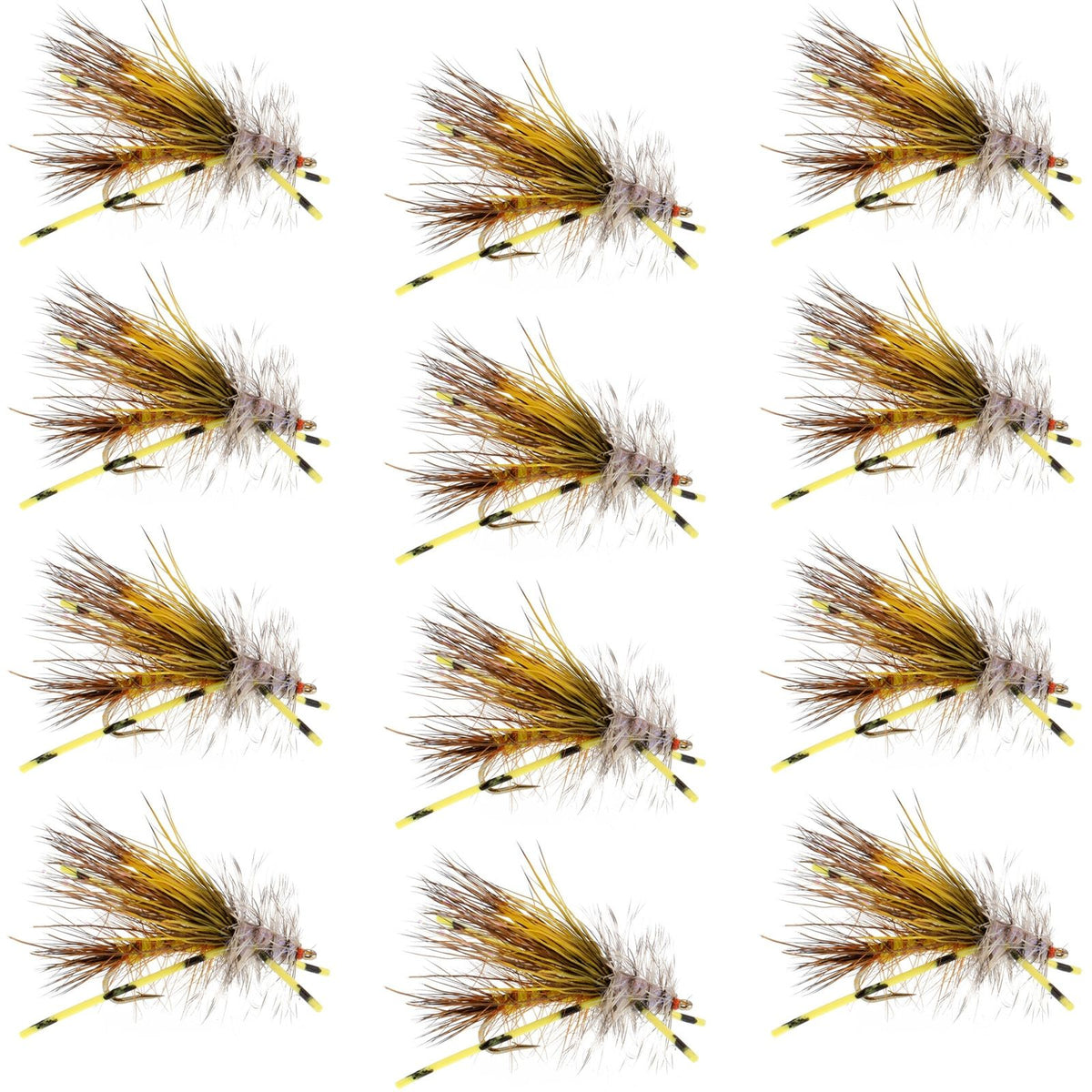 Set of 12 Kaufmann's Yellow Crystal Stimulator dry flies with rubber legs for trout fishing, hook size 8.