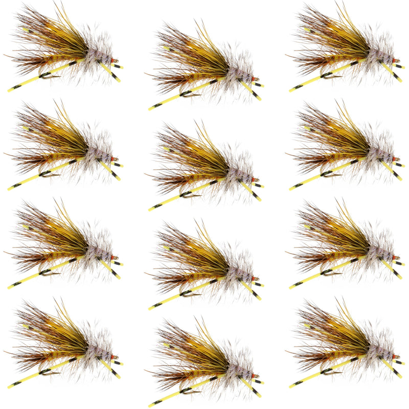 Set of 12 Kaufmann's Yellow Crystal Stimulator dry flies with rubber legs for trout fishing, hook size 8.