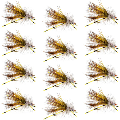 Kaufmann's yellow crystal stimulator dry fly set with rubber legs, size 12, designed for trout fishing, by The Fly Fishing Place.