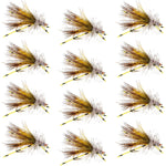 Set of 12 Kaufmann's Yellow Crystal Stimulator dry flies with rubber legs for trout fishing, hook size 14.