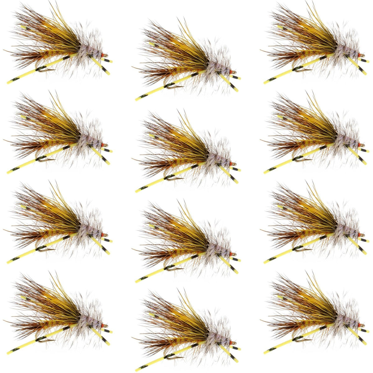 Set of 12 Kaufmann's Yellow Crystal Stimulator dry flies with rubber legs for trout fishing, hook size 14.