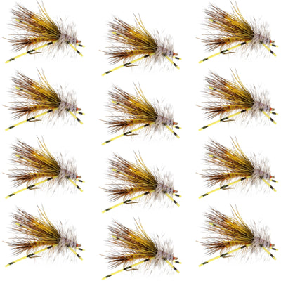 Set of 12 Kaufmann's Yellow Crystal Stimulator dry flies with rubber legs for trout fishing, hook size 14.