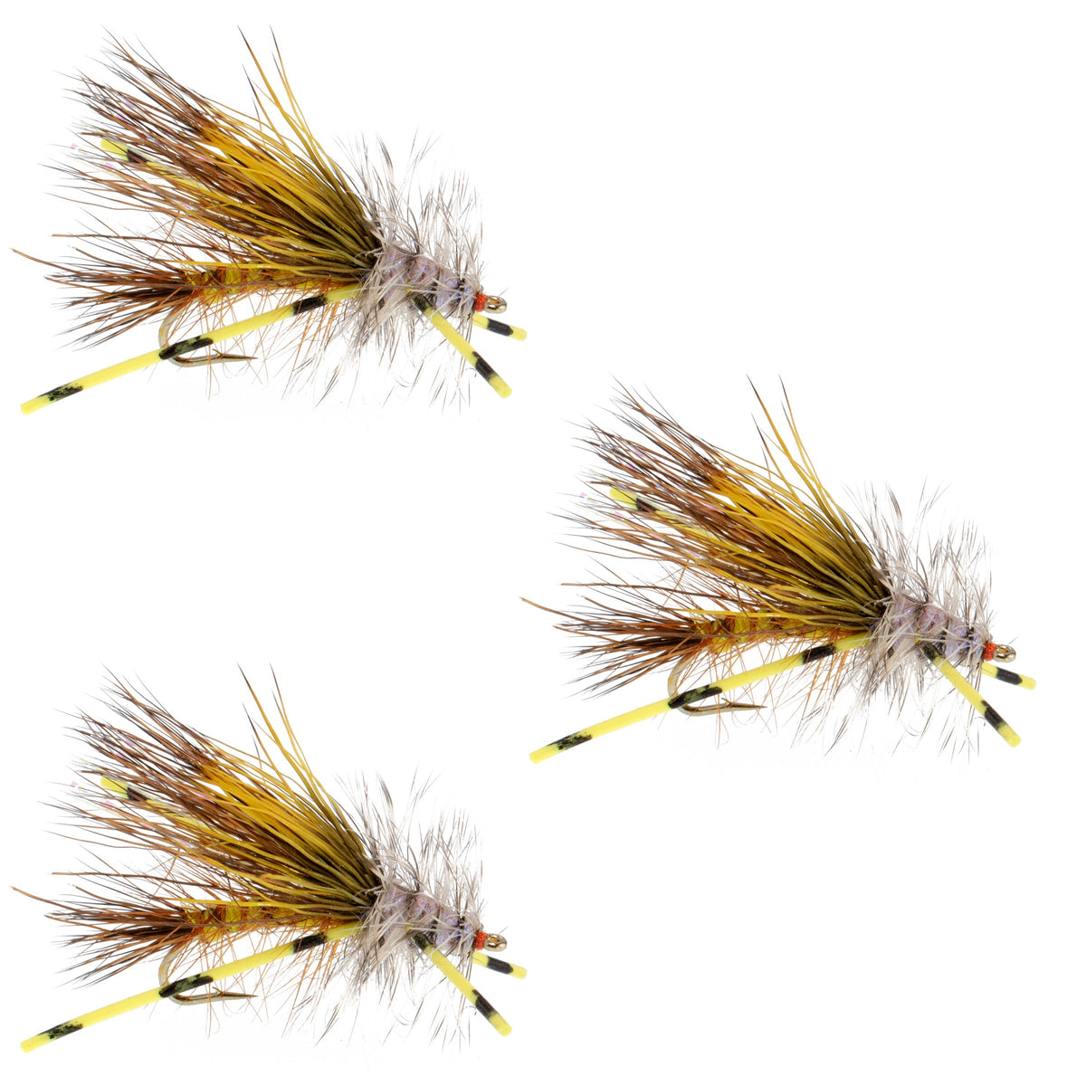 Three Kaufmann's Yellow Crystal Stimulator dry flies with rubber legs, size 16 hooks, designed for trout fishing.