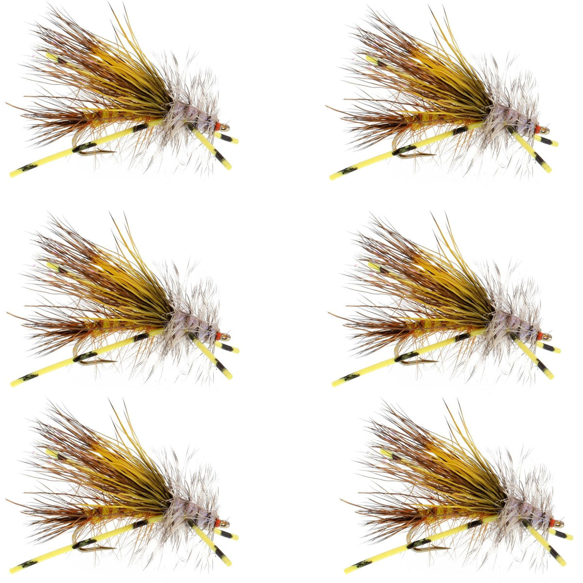 Set of six Kaufmann's Yellow Crystal Stimulator dry fly fishing lures with rubber legs, size 10, for trout fishing.