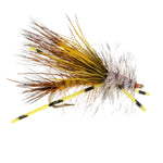 Three yellow Kaufmann's Crystal Stimulator dry fly hooks size 16 for trout fishing, featuring rubber legs and detailed fly design.