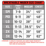 Breathable wader size chart with measurements for foot size, inseam, and chest.