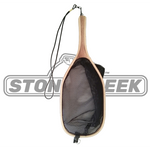 Stone Creek Outfitters wooden landing net with catch and release logo, featuring a durable wooden handle and mesh net for fishing.