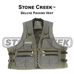 Stone Creek Outfitters Deluxe Fishing Vest logo featuring durable fabric and multiple storage pockets for anglers.