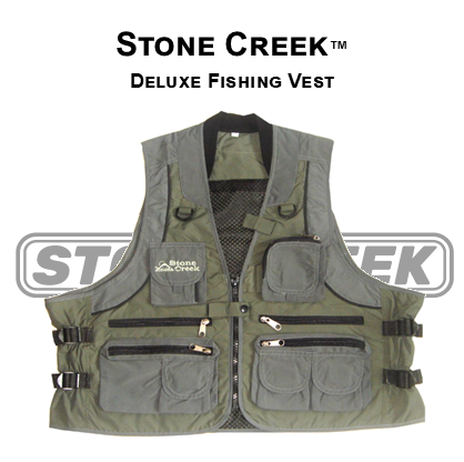 Stone Creek Outfitters Deluxe Fishing Vest logo featuring durable fabric and multiple storage pockets for anglers.