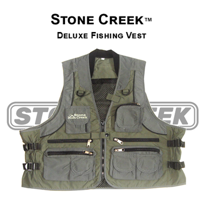 Stone Creek Outfitters Deluxe Fishing Vest logo featuring durable fabric and multiple storage pockets for anglers.