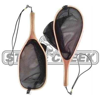 Stone Creek Outfitters wooden landing net set with a logo, featuring a handcrafted wooden handle and a durable net for fishing.