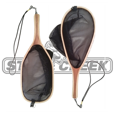 Stone Creek Outfitters wooden landing net set with a logo, featuring a handcrafted wooden handle and a durable net for fishing.