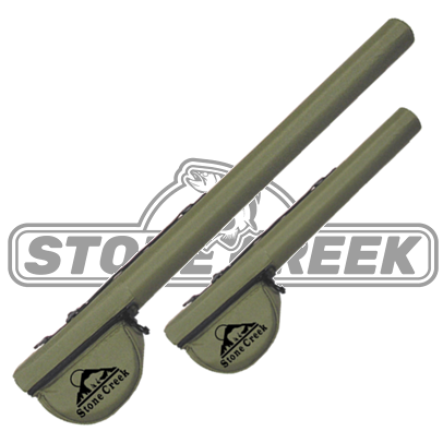 Stone Creek Outfitters rod and reel tubes with logo, durable protective fishing gear storage for rods and reels.