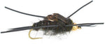 Three barbless gold bead Kaufmann's black stonefly wet flies with rubber legs for trout fishing, hook size 12.