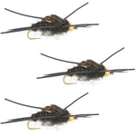 Set of 3 barbless gold bead Kaufmann's black stonefly wet flies for trout fishing, with rubber legs and hook size 8.