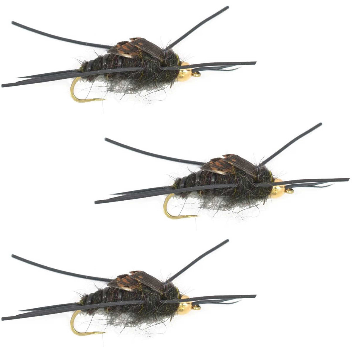 Set of three barbless gold bead Kaufmann's black stonefly wet flies for trout fishing with rubber legs, hook size 10.